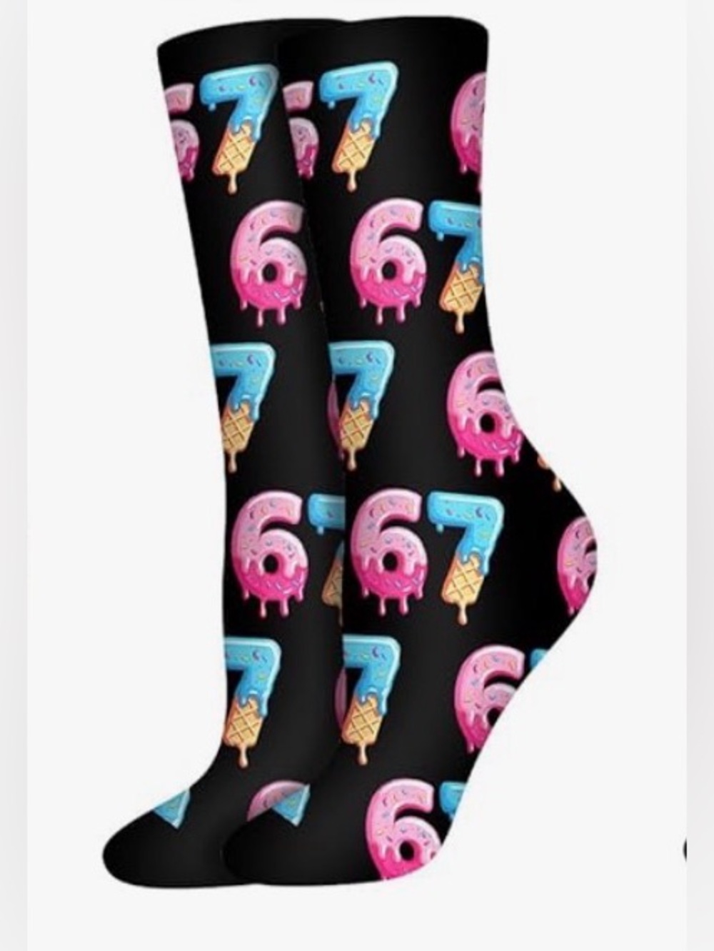 NIP Novelty Number 67 Ice Cream Print Crew Socks - Black, Pink & Blue